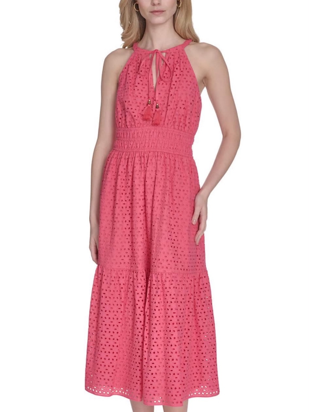 Anne Klein Coral Pink Eyelet Halter Maxi Dress
